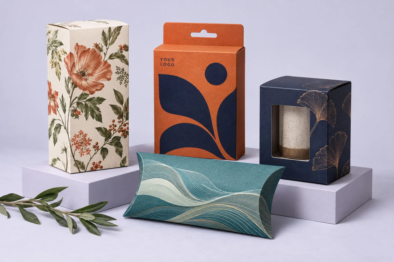 Colourful retail cartons with floral, orange, navy and teal printed designs