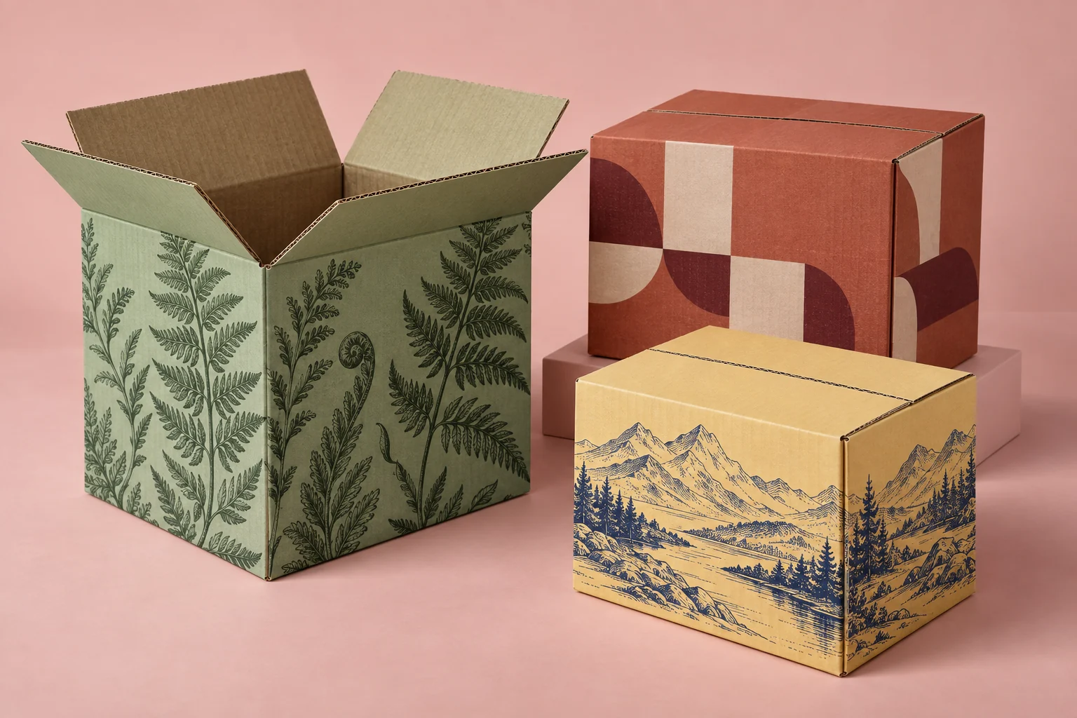 Corrugated shipping cartons with varied original printed designs
