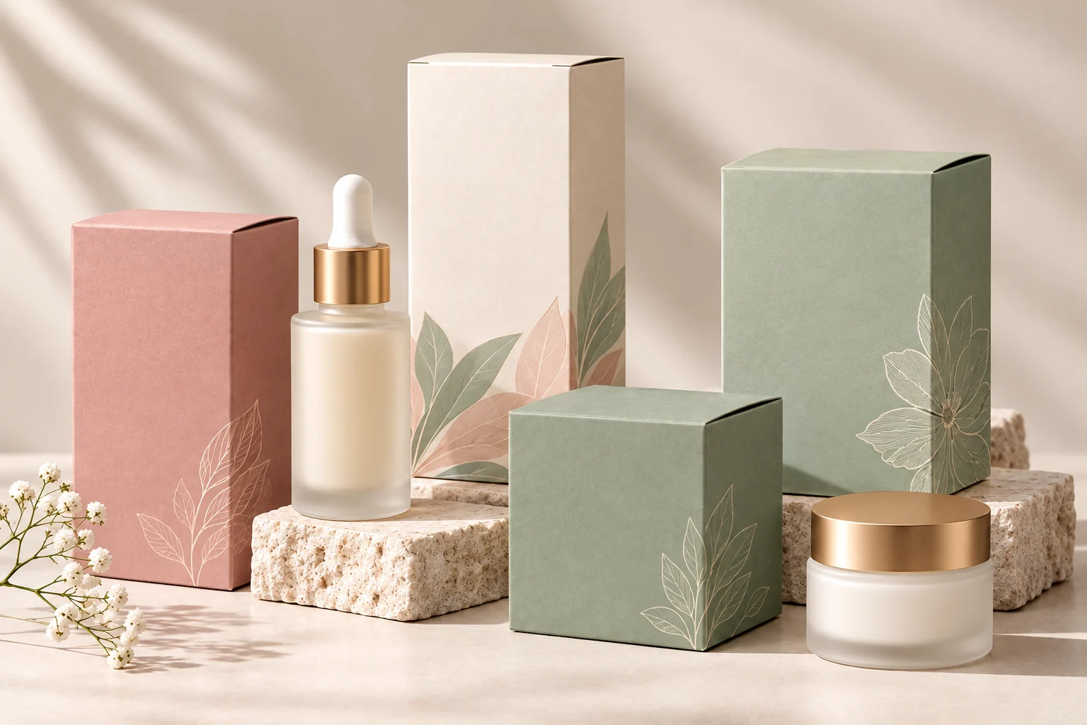 Studio arrangement of differently printed cosmetic folding cartons