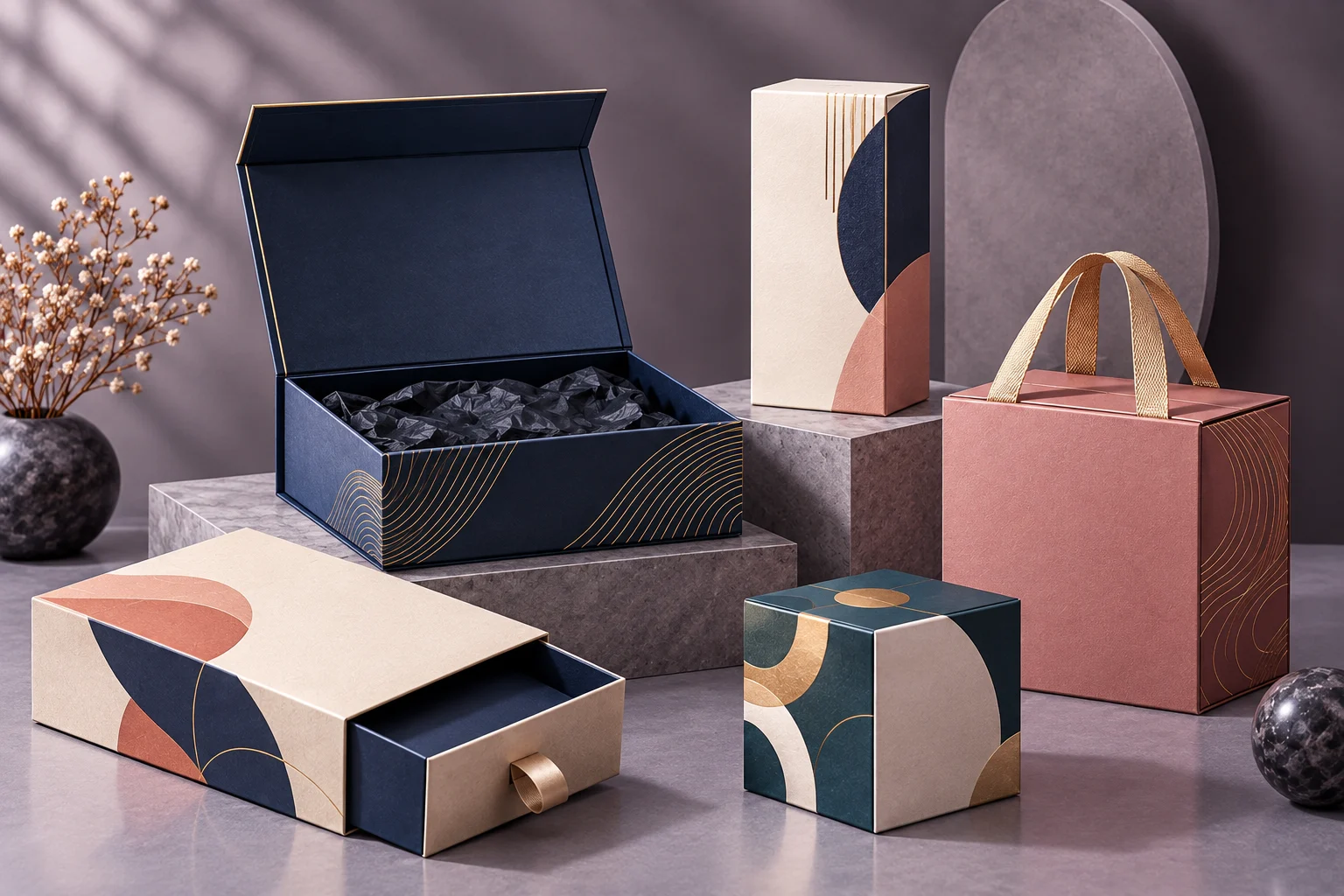 Studio collection of candle, soap, chocolate and gift packaging designs