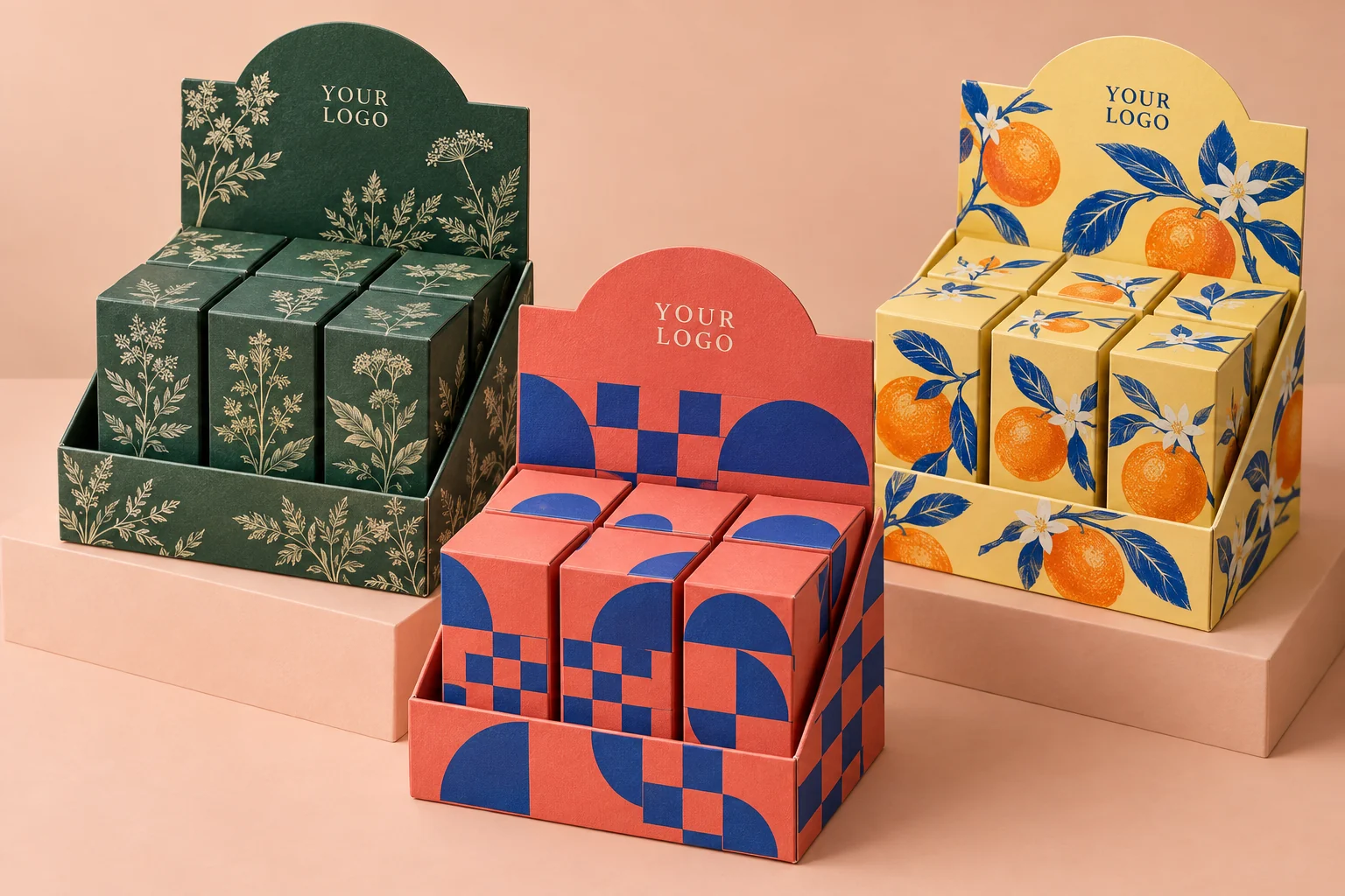 Counter display packaging with green botanical, coral geometric and yellow citrus prints