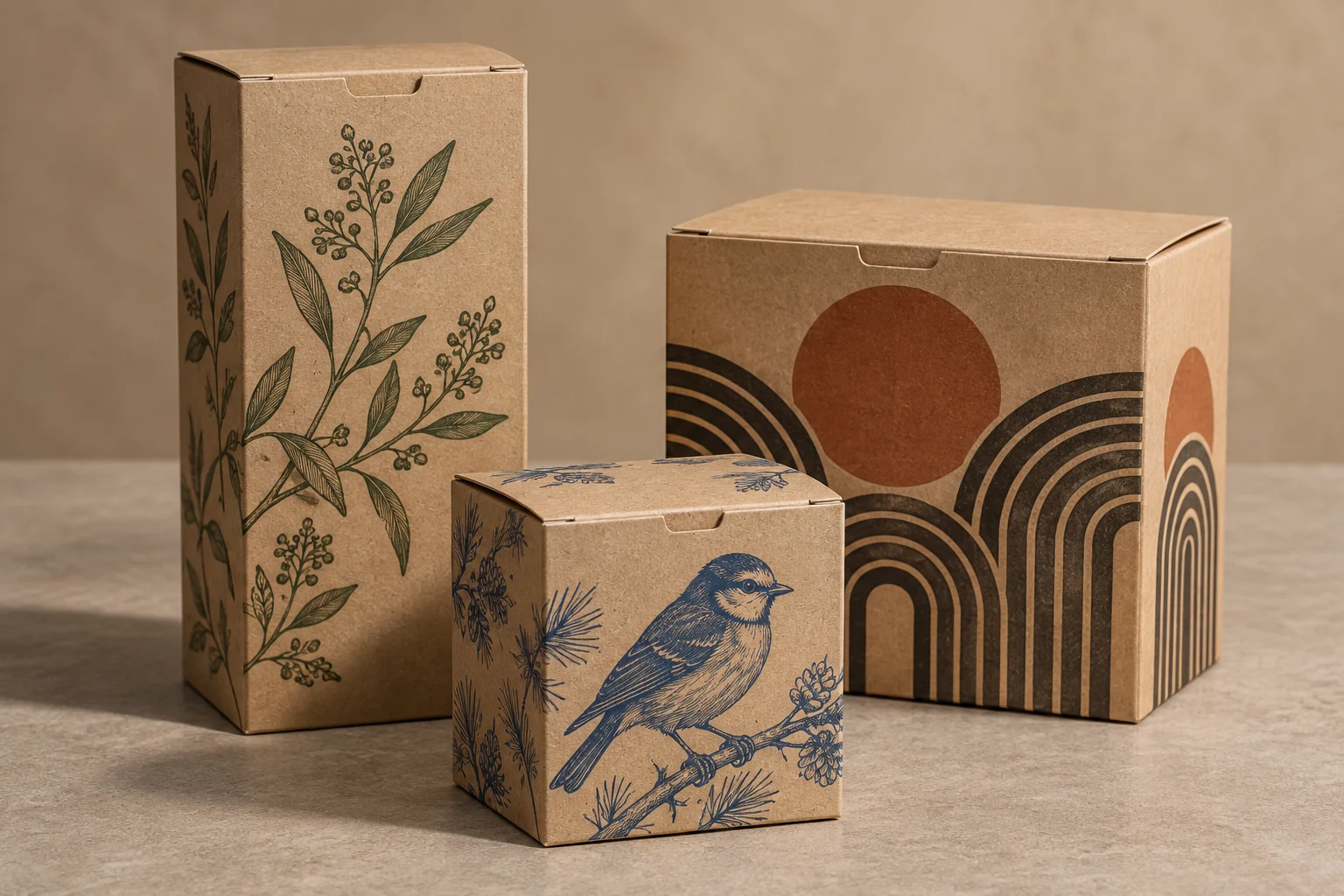 Natural kraft boxes with different printed artwork in a studio setting