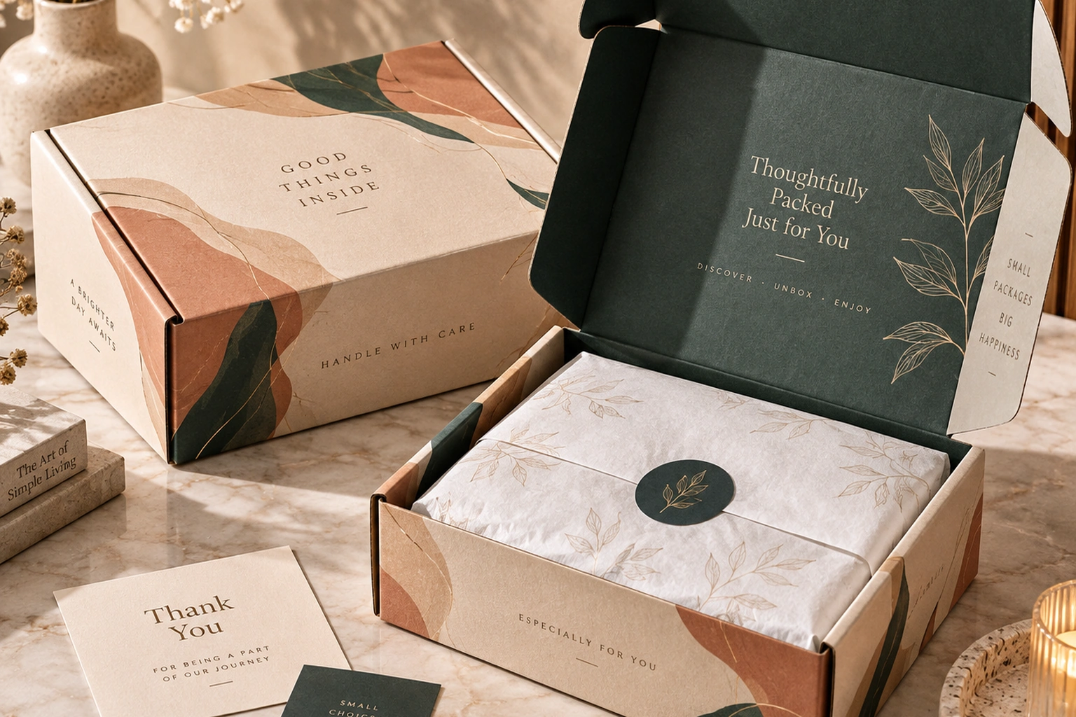 Custom mailer boxes with botanical, blue geometric and peach bird prints