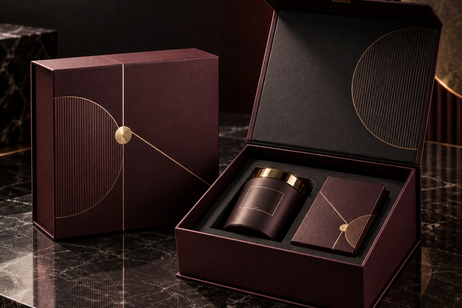 Luxury rigid boxes with distinct printed finishes in a studio scene
