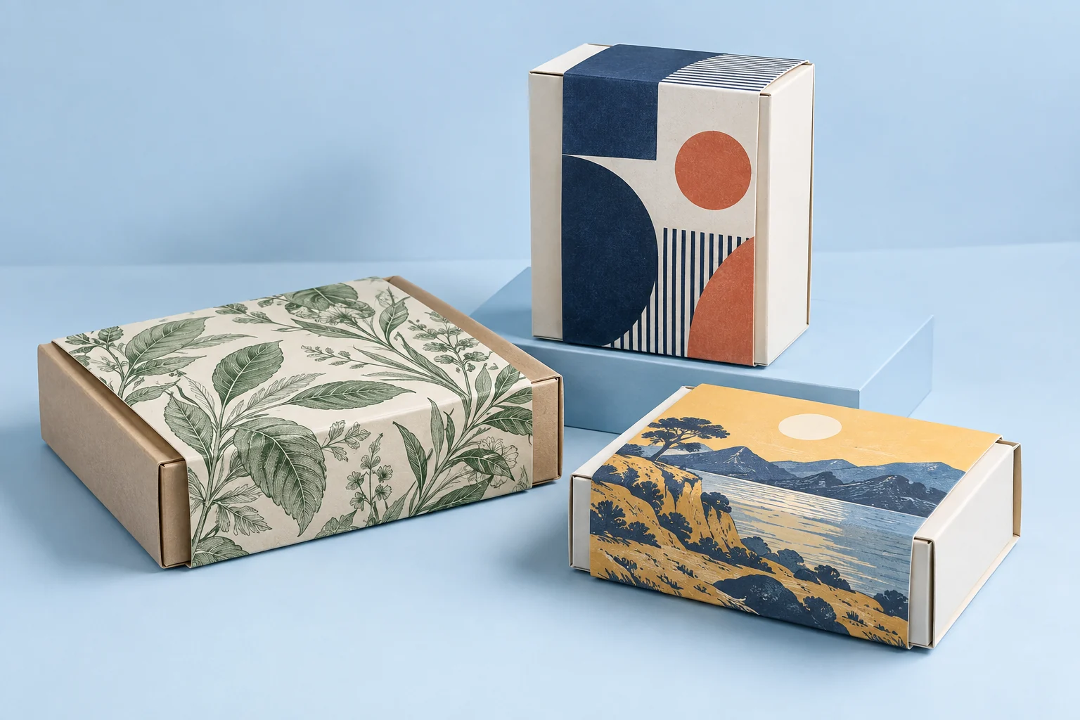 Different printed paperboard sleeves wrapped around product trays