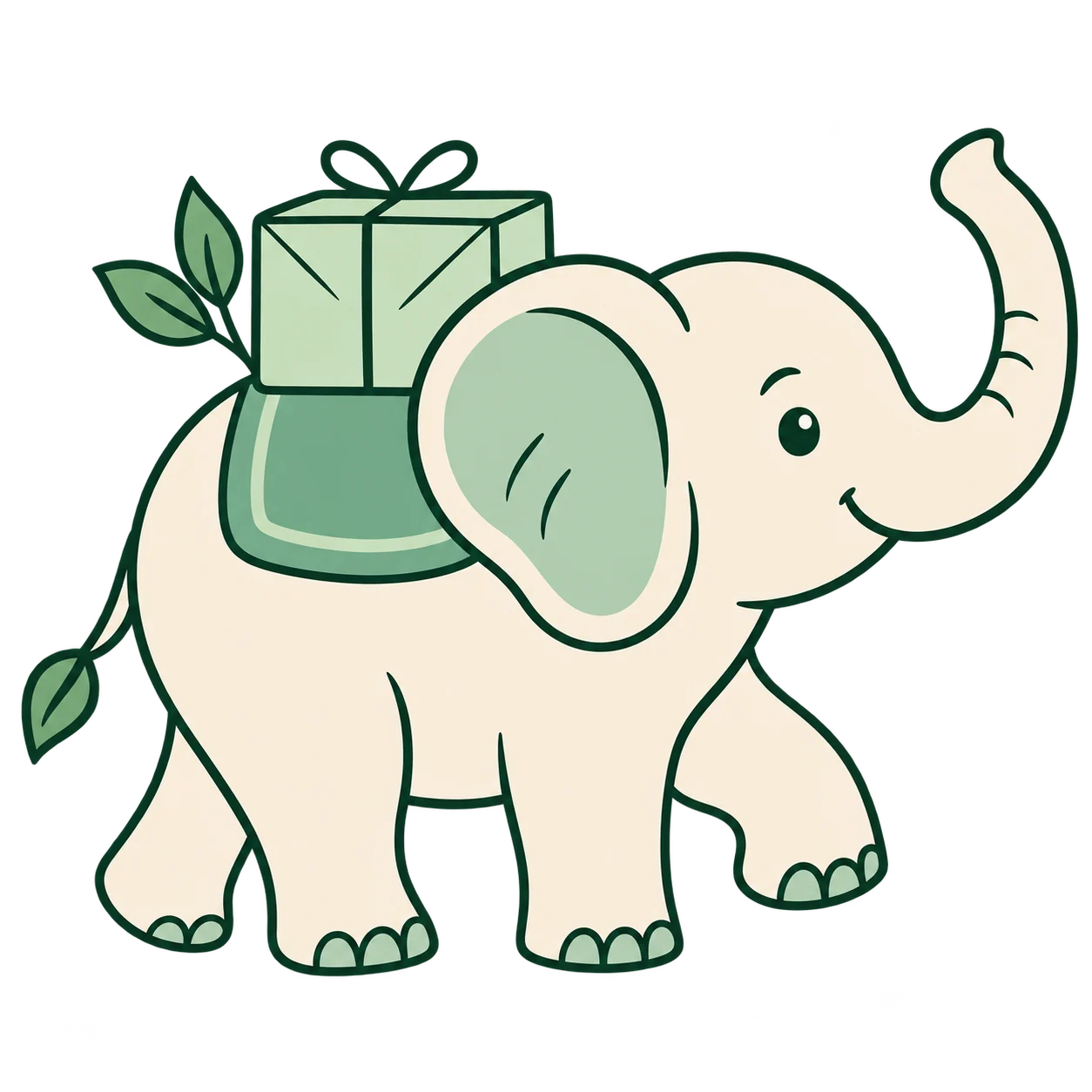 Original elephant illustration with a leafy paper parcel