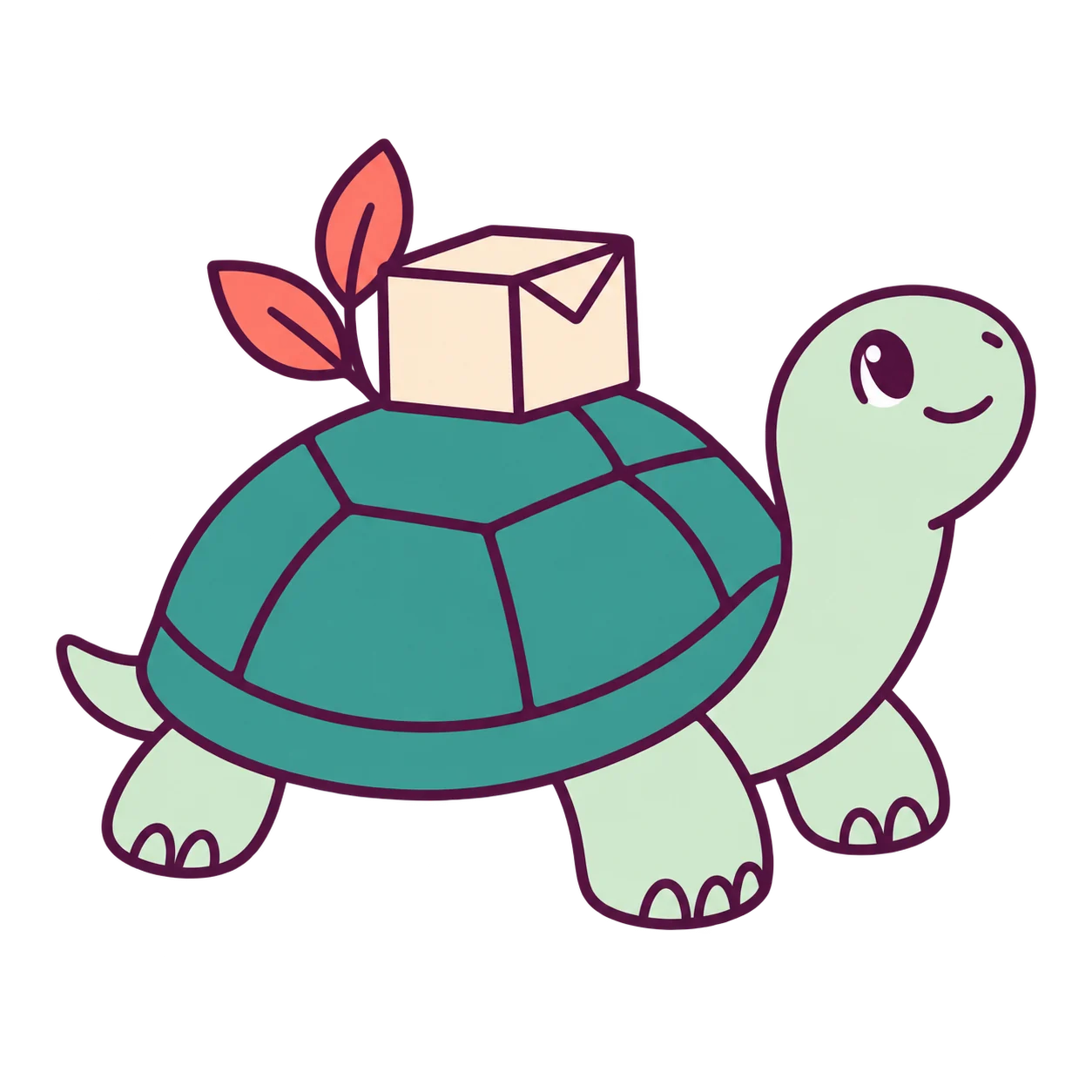 Original turtle illustration with a paper parcel and leaf motif